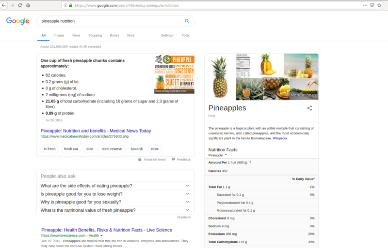 Image showing Google search page results for the phrase 'pineapple nutrition'